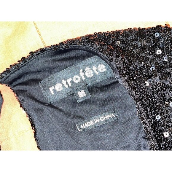 Retrofete Flynn Ruched Sequin Tulle Mini Dress Medium Black Puff Sleeve Shoulder - Picture 6 of 10